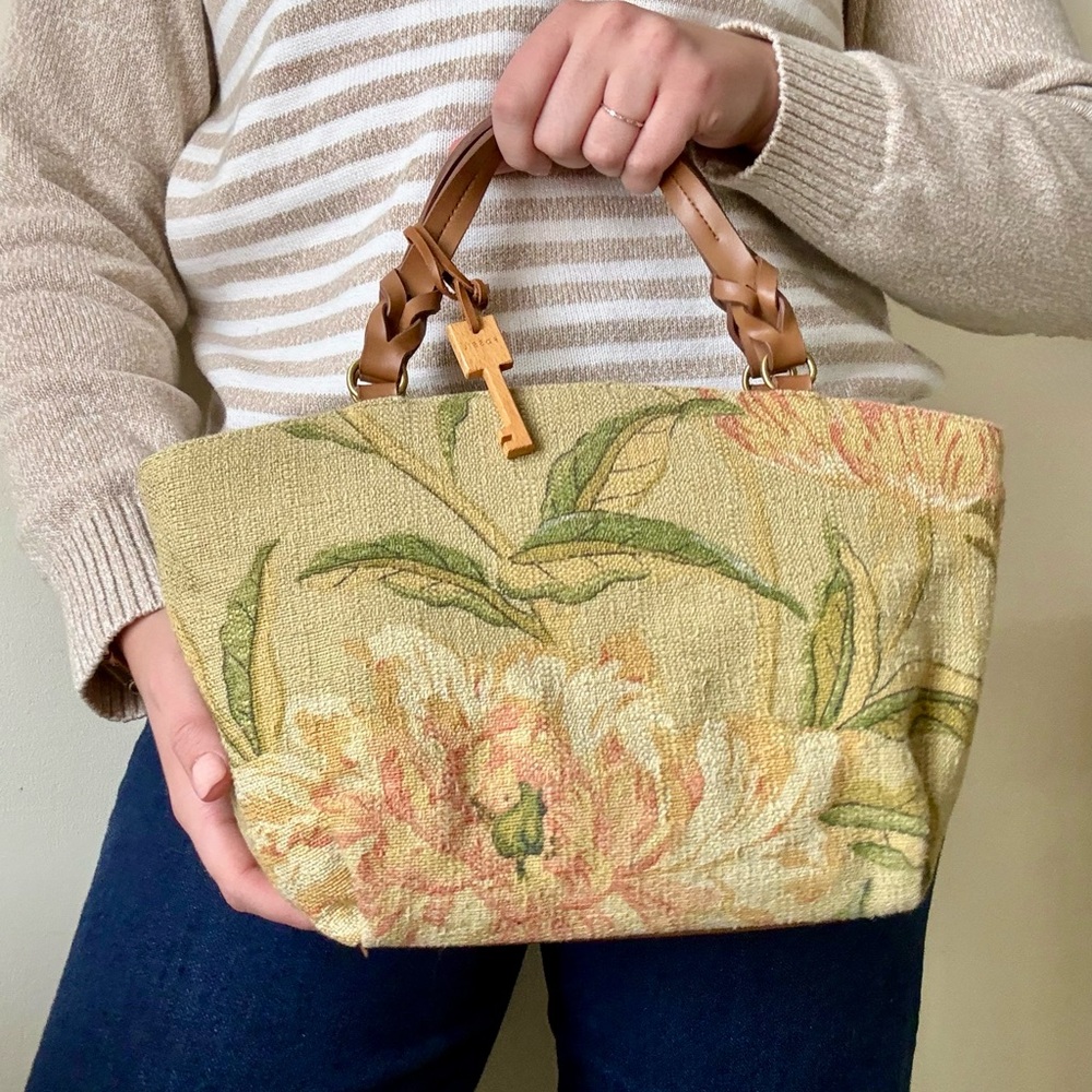 Vintage Fossil Floral Tapestry Mini Tote Bag w/ Key Charm